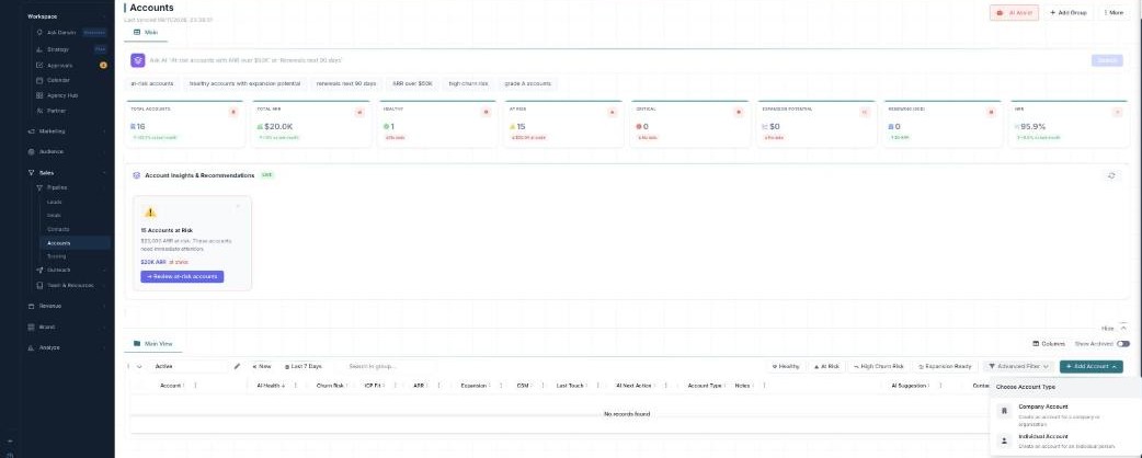 The Accounts board with the Add Account menu open, offering Company Account (for a company or organization) and Individual Account (for an individual person), above a table with AI Health, Churn Risk, ICP Fit, ARR, Expansion, CSM, and Account Type columns.