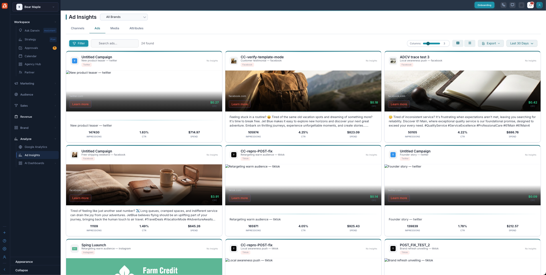 Ads tab showing individual ad cards with creative previews, platform, CPC, impressions, CTR, and spend