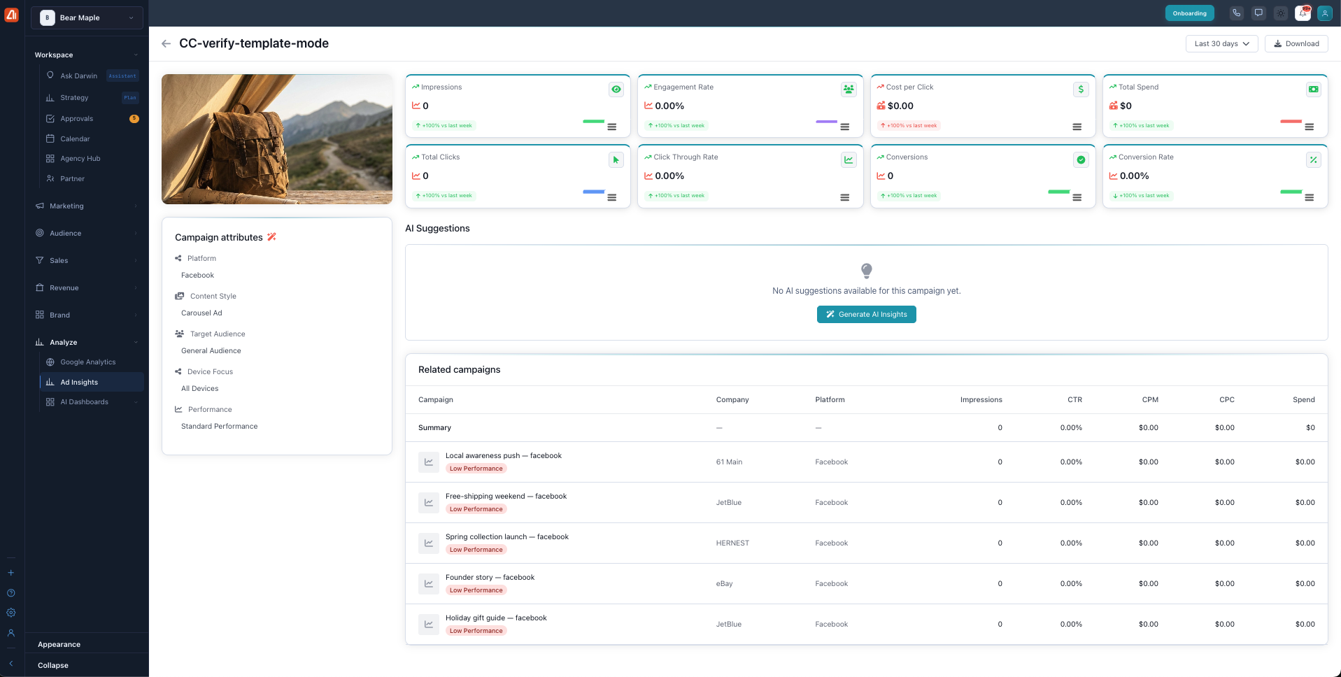 Ad and campaign detail page with cost per click, conversion rate, a campaign attributes panel, and a related campaigns table