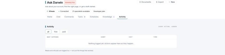 Activity tab with all/free/paid filters and a table of logged actions (What happened, Agent, Cost, Time).