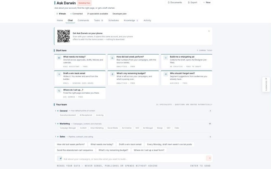 Chat tab with a 'Start here' panel of common tasks and a 'Your team' list of specialists grouped by area.