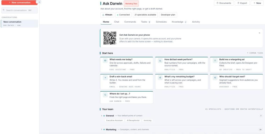 The Ask Darwin home with its tabs and Start-here tasks.