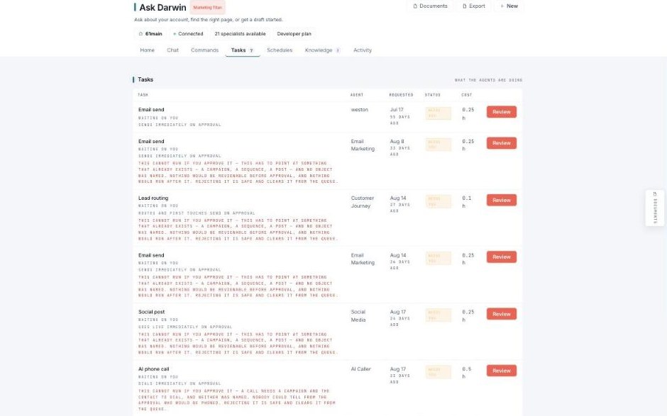 Tasks tab table with columns Task, Agent, Requested, Status, Cost, and a Review button on each row.