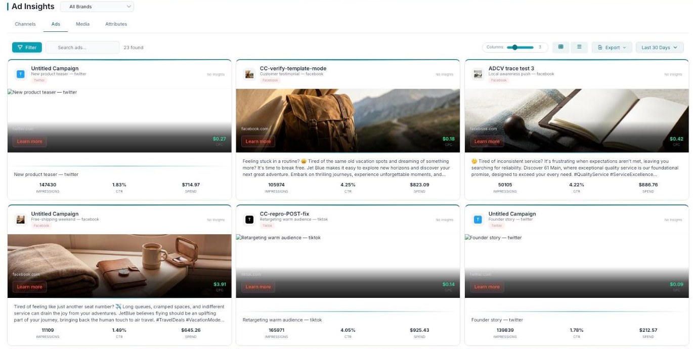 Ads tab showing individual ad cards with creative previews, platform, CPC, impressions, CTR, and spend.