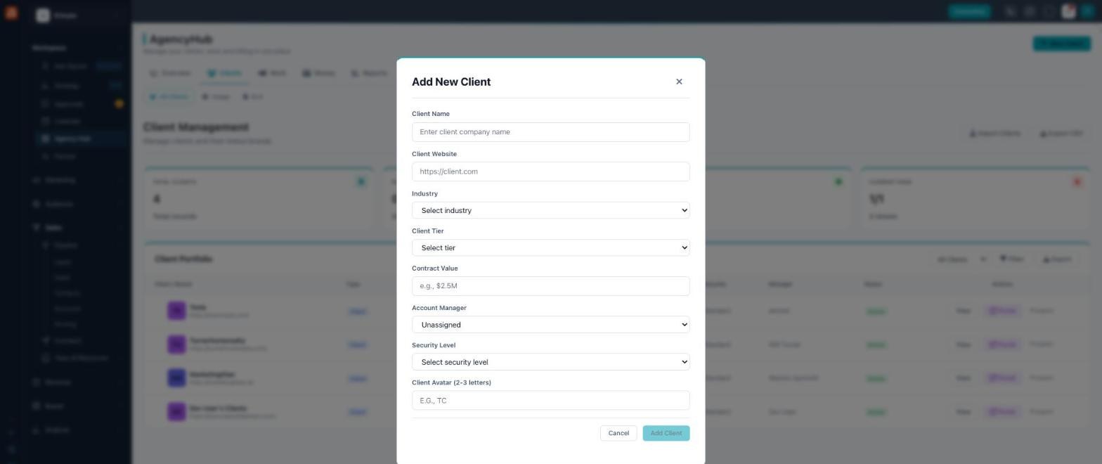 The Add New Client form with fields for client name, website, industry, tier, contract value, account manager, security level, and avatar.