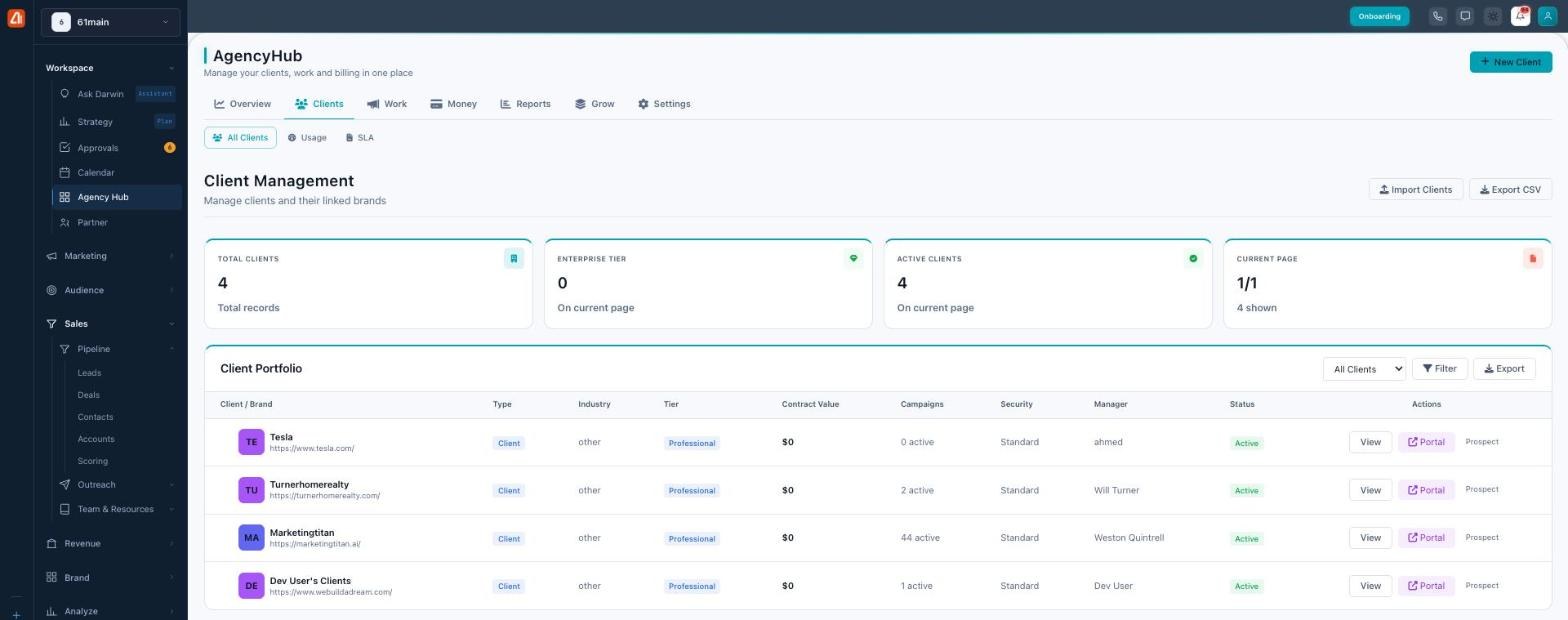 Agency Hub Clients tab showing the Client Portfolio table with columns for client, type, tier, contract value, campaigns, and status.