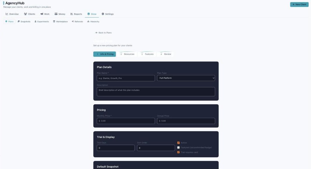 Agency Hub plan builder step 1 Info and Pricing with plan name, plan type, description, monthly and annual price, trial days, and display toggles.