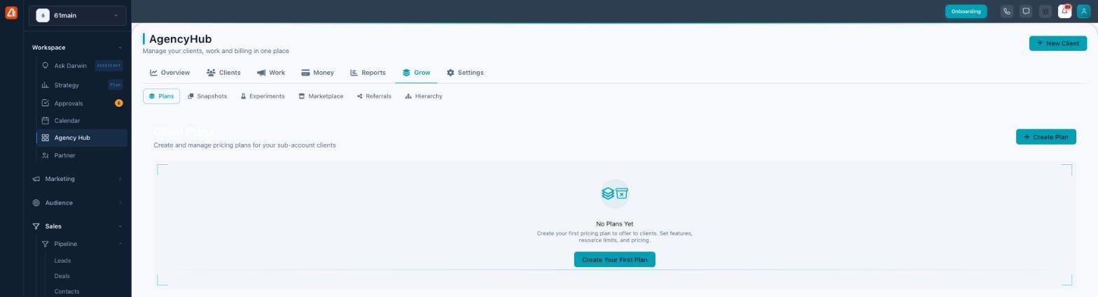 Agency Hub Grow tab showing Client Plans with a Create Plan button and an empty state.