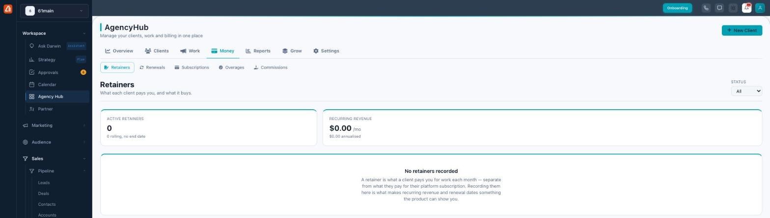 Agency Hub Money tab showing Retainers with Active Retainers and Recurring Revenue cards.