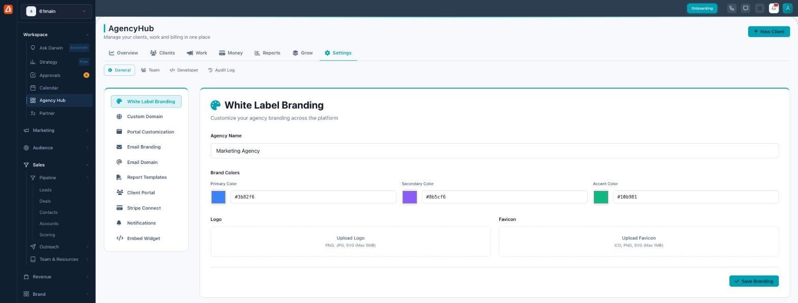 White Label Branding settings with agency name, brand colors, logo, and favicon fields.