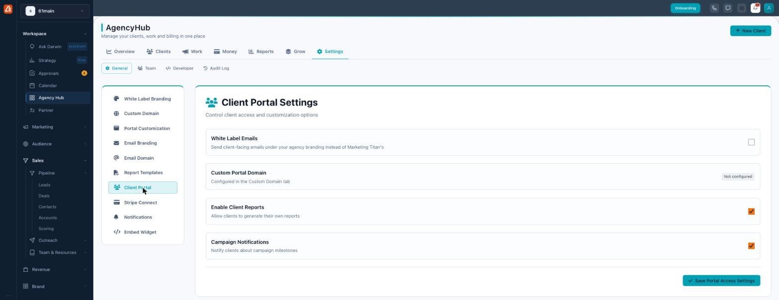 Client Portal Settings with toggles for white label emails, custom portal domain, client reports, and campaign notifications.