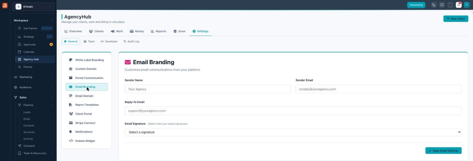 Email Branding settings with sender name, sender email, reply-to email, and signature fields.