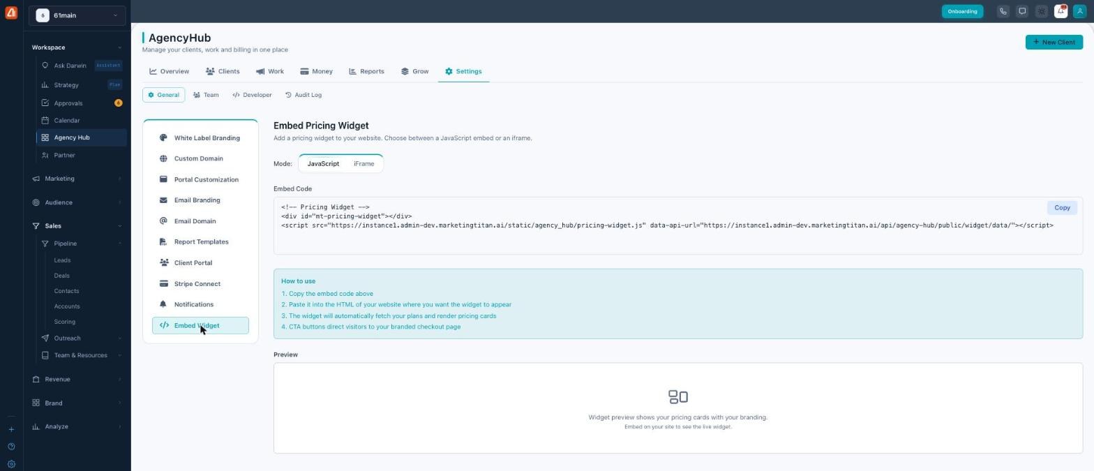 Embed Pricing Widget settings with JavaScript and iFrame mode, embed code, and a preview area.