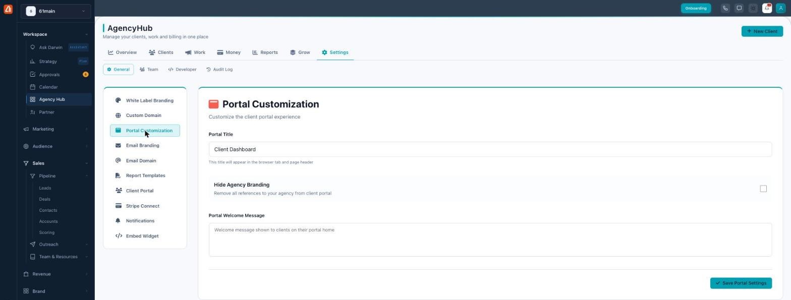 Portal Customization settings with portal title, hide agency branding toggle, and welcome message.