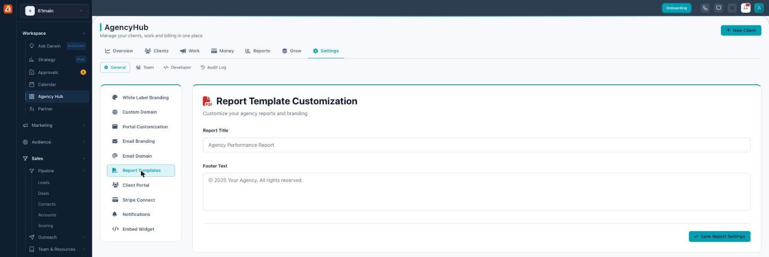 Report Template Customization settings with a report title field and a footer text box.