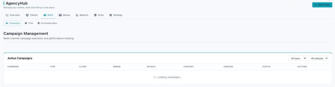 Agency Hub Work tab Campaign Management with the Campaigns, Time, and Knowledge Base sub-tabs and All types / All statuses filters.