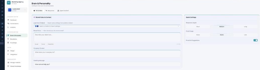 The Brain & Personality page on the Personality tab: Brand Voice, Company Context, and Greeting Message fields, with a Quick Settings panel for Response Length, Emoji Usage, and Proactive Suggestions.