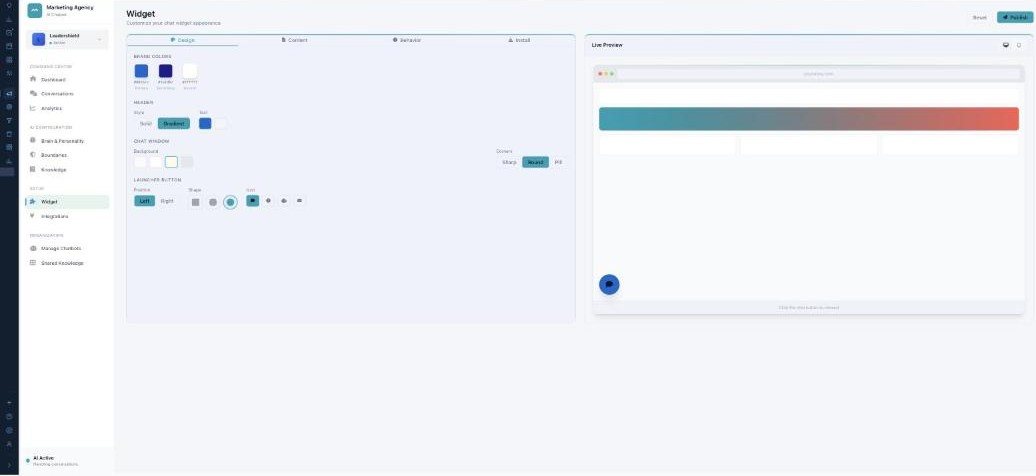 The Widget page on the Design tab: Brand Colors, Header, Chat Window, and Launcher Button settings on the left, with a live preview of the chat widget on a mock website to the right.