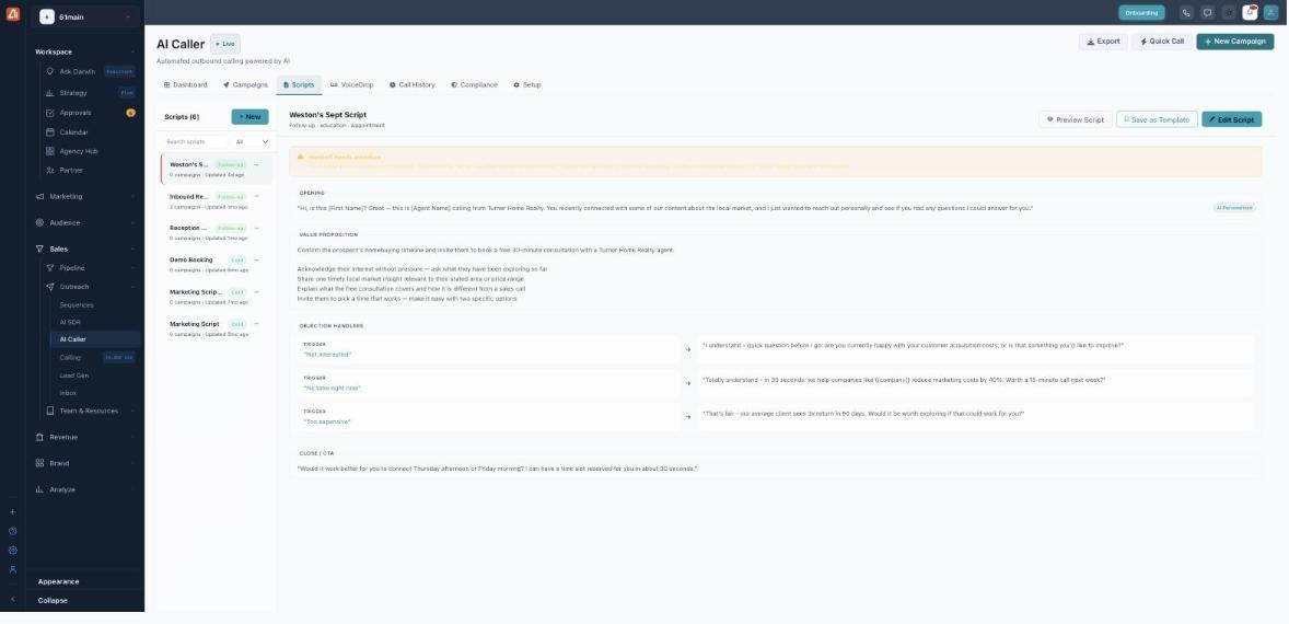 The Scripts tab: a list of scripts on the left with All / Active / Inactive / Drafts filters and a New button, and the selected script on the right broken into Opening, Value Proposition, Objection Handlers (with triggers) and Close / CTA sections.