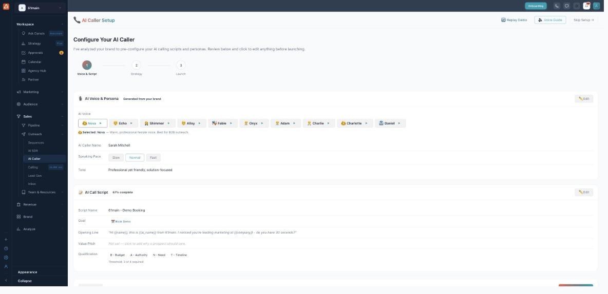 The AI Caller Setup wizard on step 1 (Voice & Script): a row of AI voice options with play buttons, the selected voice Nova, an AI Caller Name, a Speaking Pace toggle, Tone, and an AI Call Script card showing Script Name, Goal, Opening Line, Value Pitch and a BANT qualification threshold.