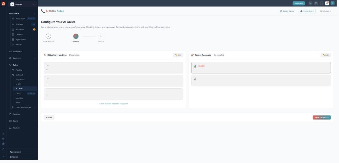 Setup step 2 (Strategy): an Objection Handling panel with stock responses and an Add custom objection response link, alongside a Target Personas panel.