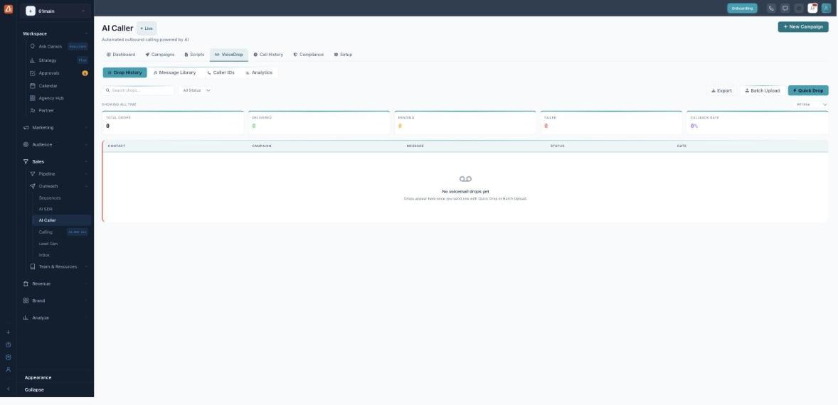 The VoiceDrop tab with sub-tabs Drop History, Message Library, Caller IDs and Analytics, delivery metrics (Total Drops, Delivered, Pending, Failed, Callback Rate), and Export, Batch Upload and Quick Drop buttons above the drop-history table.