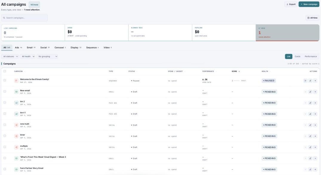 The All Campaigns view with a total count, type filters (All, Ads, Email, Social, Carousel, Display, Sequence, Video), stat cards, and a campaigns table.