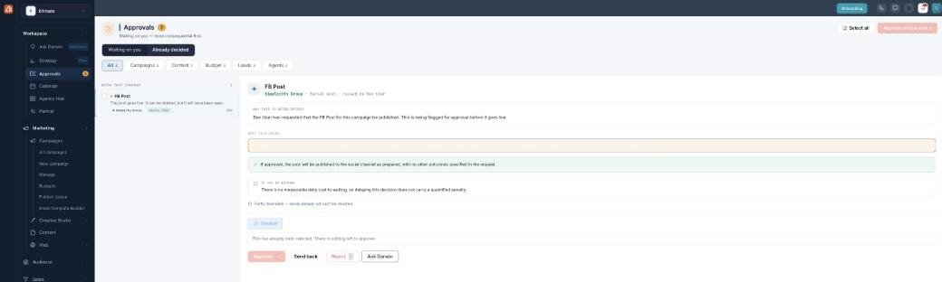 The Already decided view: a decided item (a social post) with its rationale and consequence framing, showing 'This has already been rejected' and the decision actions disabled.