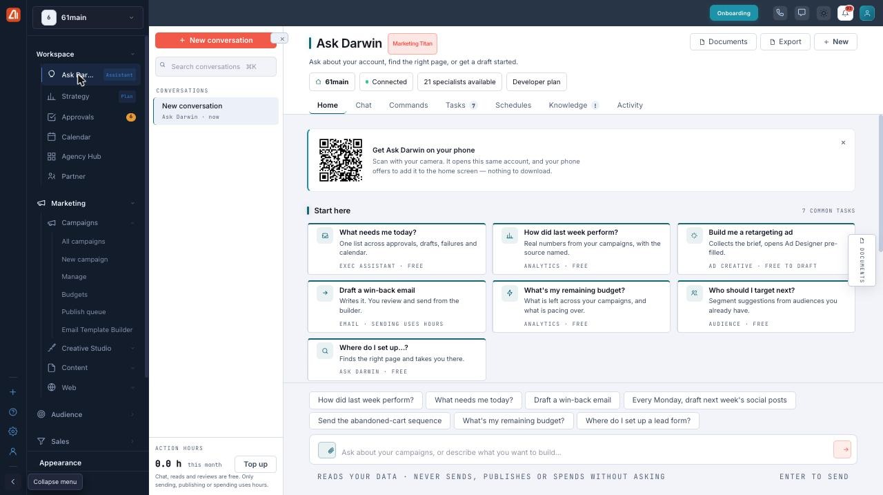The Ask Darwin assistant, with a list of common tasks you can start