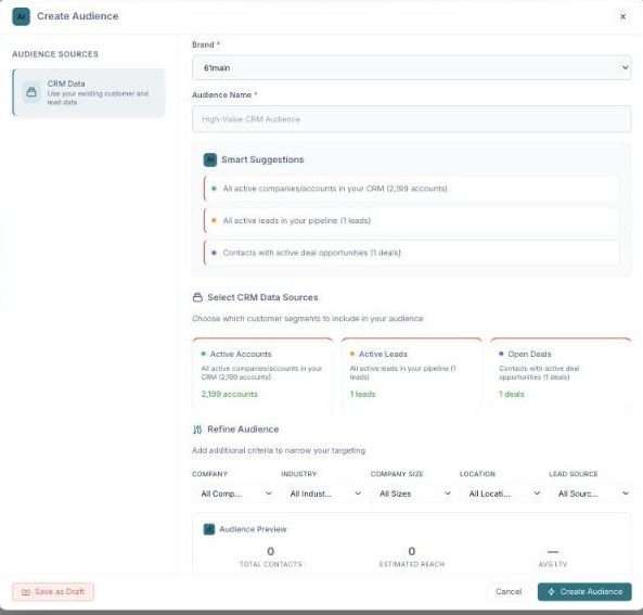 The Create Audience modal with Smart Suggestions, CRM data sources, refine filters, and a live preview.