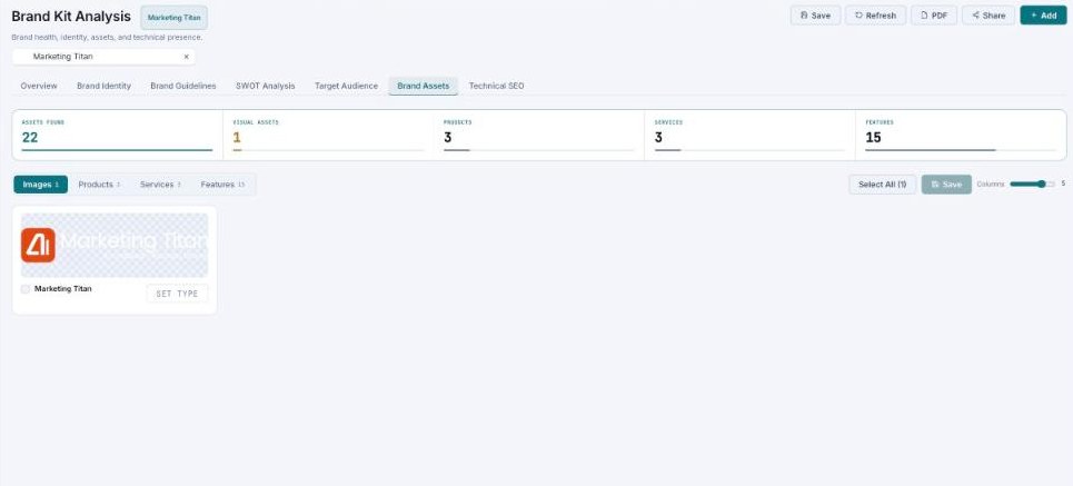 Brand Assets tab with a summary counts row (Assets found, Visual assets, Products, Services, Features) and an asset grid.