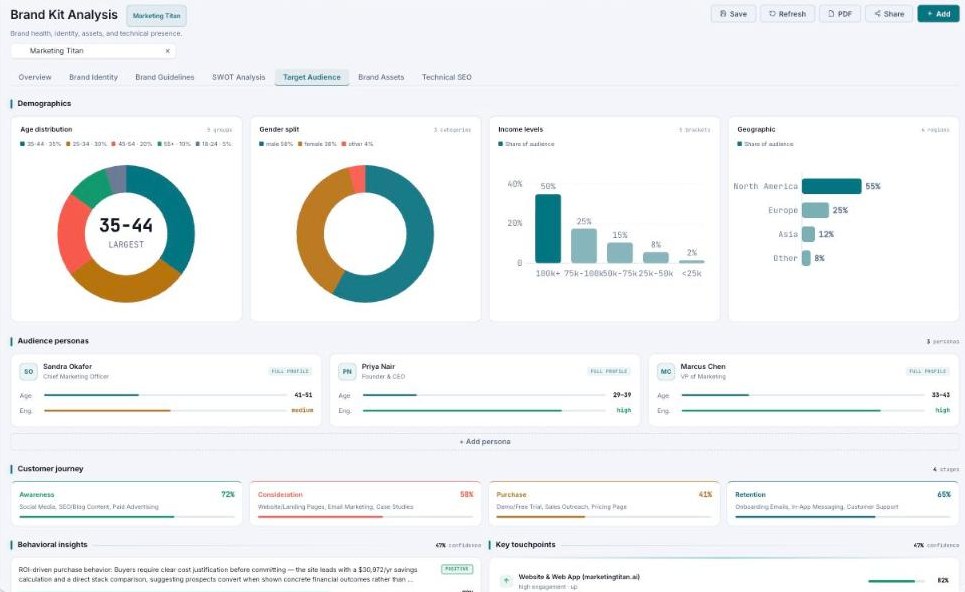 Target Audience tab with demographics charts, audience personas, a customer journey, and behavioral insights.