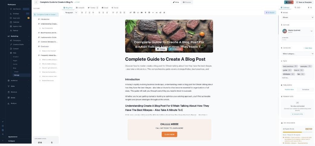 The Blog Editor: an outline panel on the left, channel tabs (Blog Post, LinkedIn, Twitter, Email, Social), a rich-text toolbar with AI Assist, a featured image with Change and AI Generate, and a Settings panel showing Brand, Author, Category, Tags, Publishing, and a GEO Readiness AI Engine Score.