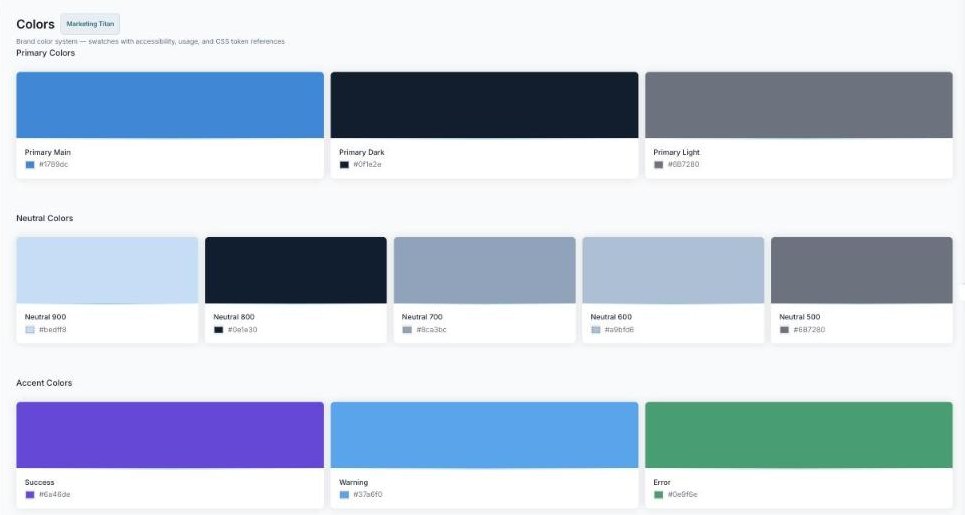 The Colors page with Primary, Neutral, and Accent color groups, each swatch showing a hex code.