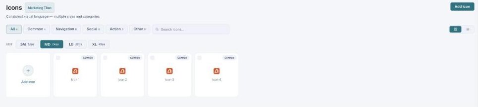 The Icons page with category tabs (All, Common, Navigation, Social, Action, Other) and size options.