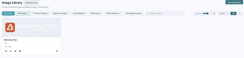 The Image Library with category filters (All Images, Product Photos, Banner, Social Media, Blog Posts, Email Headers, Campaign Assets).