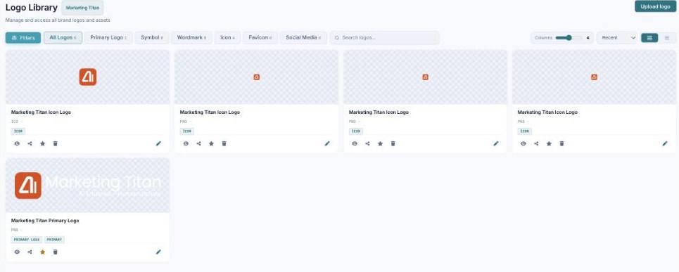 The Logo Library with logo cards and filters (Primary Logo, Symbol, Wordmark, Icon, Favicon, Social Media).