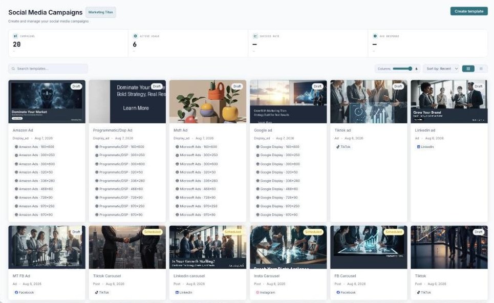 The Social Media Campaigns page with template cards by platform (Facebook, LinkedIn, TikTok, Instagram) and stats.