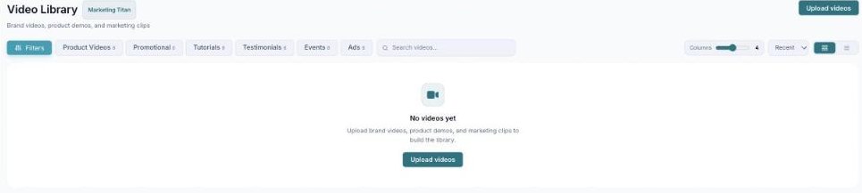 The Video Library with category filters (Product Videos, Promotional, Tutorials, Testimonials, Events, Ads).