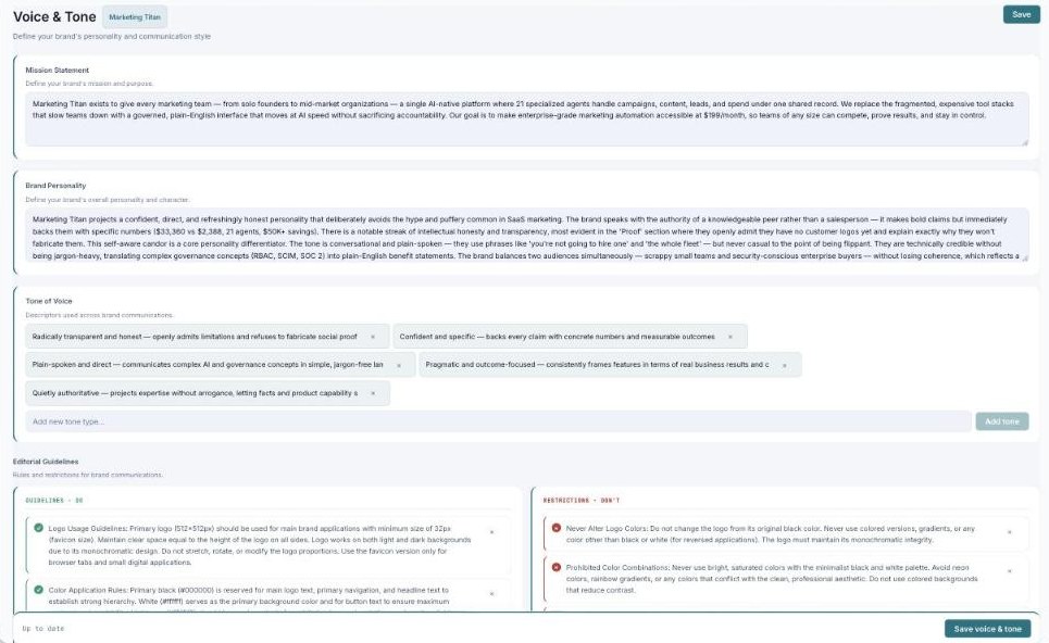 The Voice & Tone page with Mission Statement, Brand Personality, Tone of Voice traits, and Editorial Guidelines.