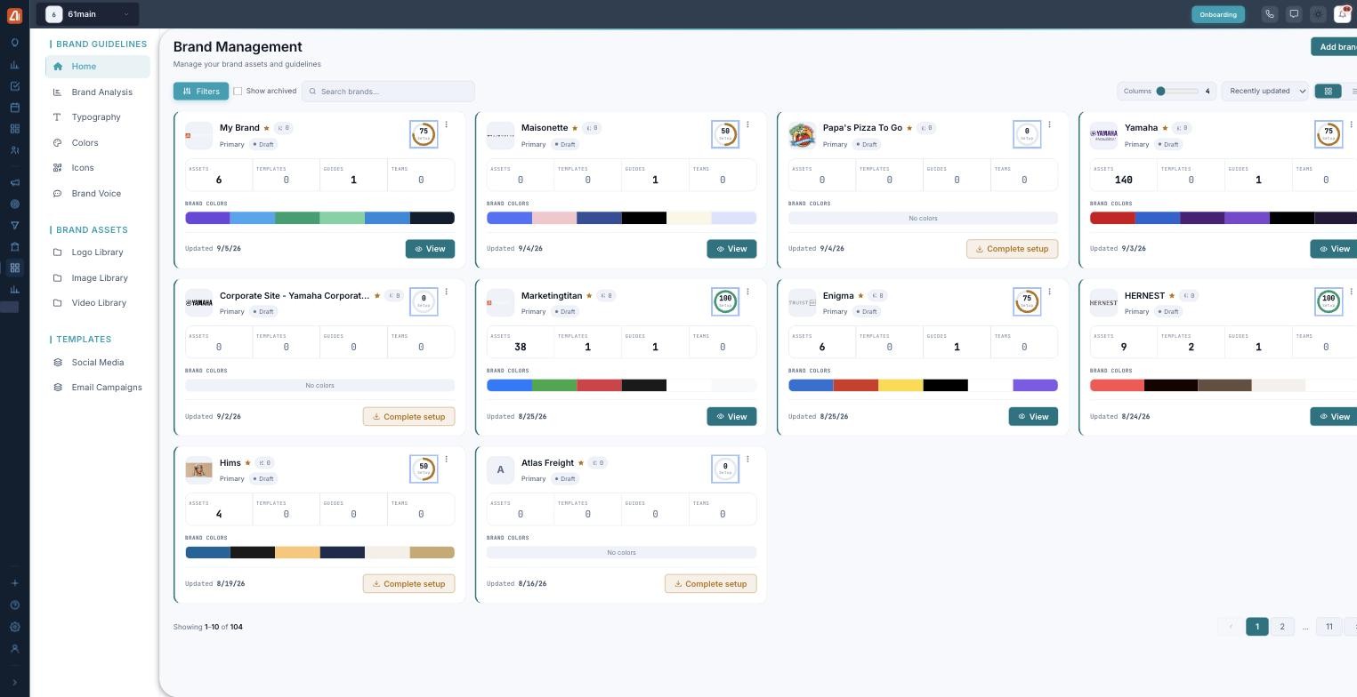 Brand Management home: brand cards with completeness rings, stats, and color swatches.