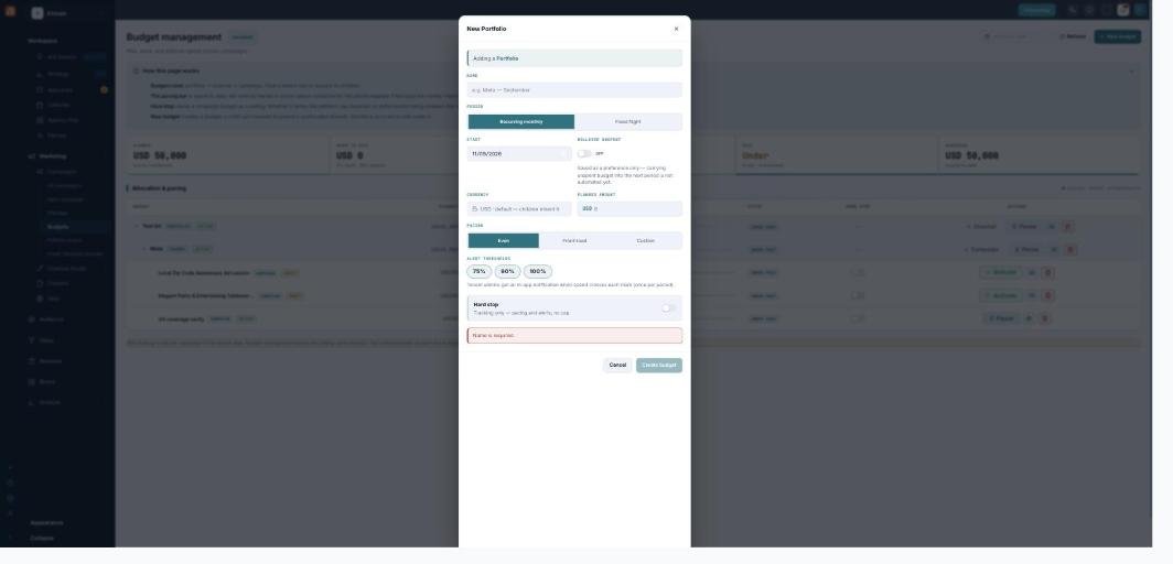 The New Budget modal: Name, Period (Recurring monthly / Fixed flight), Start and Rollover, Currency and Planned amount, Pacing (Even / Front-load / Custom), Alert thresholds (75/80/100%), and a Hard stop toggle.