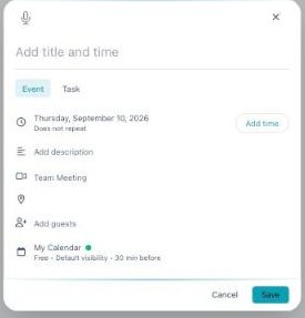 The Add Event dialog with an Event/Task toggle, title and time, date, description, meeting type, location, guests, and a calendar with visibility and reminder.