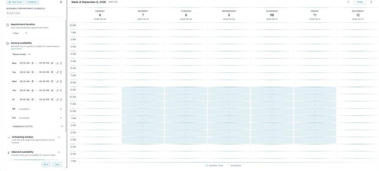 The appointment scheduler builder with duration, weekly availability (Mon–Fri 9–5), timezone, and a live availability grid.