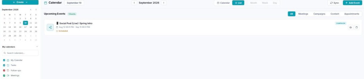 Calendar List view — 'Upcoming Events' with filter tabs (All, Meetings, Campaigns, Content, Appointments) and event cards.