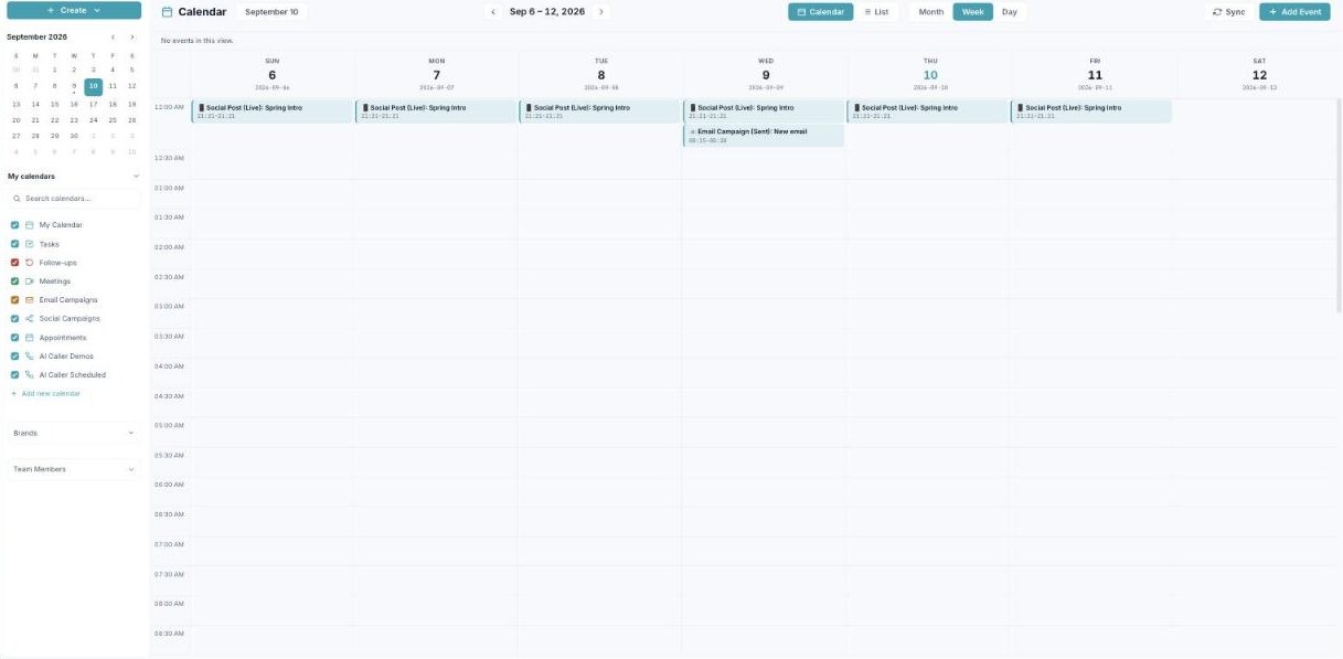 Calendar Week view — a seven-day time grid (Sun–Sat) with events placed at their times.