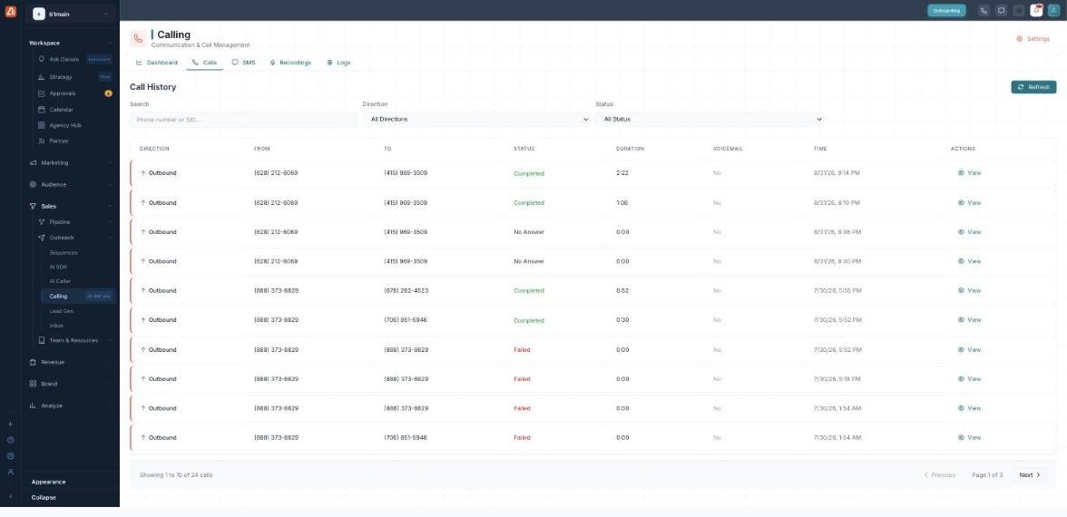 The Calls tab (Call History): a Search box, Direction and Status filters, a Refresh button, and a table with Direction, From, To, Status, Duration, Voicemail, Time and a View action, with pagination.