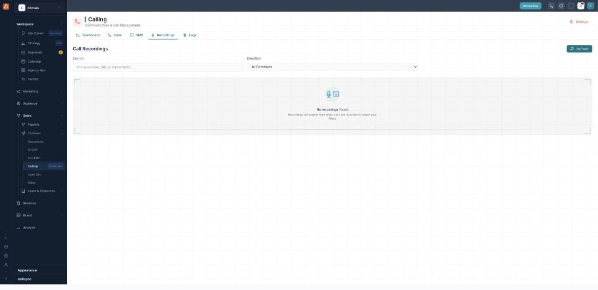 The Recordings tab (Call Recordings): a Search box that accepts a phone number, SID or transcription text, a Direction filter, a Refresh button, and an empty state reading “No recordings found”.
