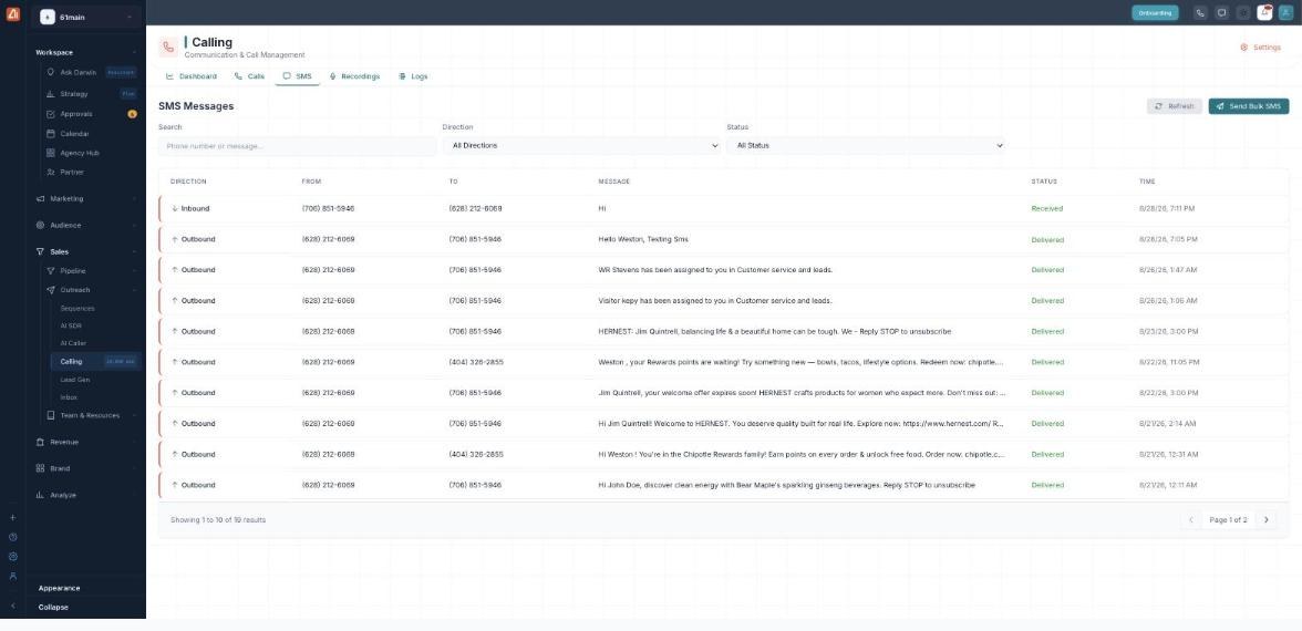 The SMS tab (SMS Messages): a Search box, Direction and Status filters, Refresh and Send Bulk SMS buttons, and a table with Direction, From, To, Message, Status and Time, with pagination.