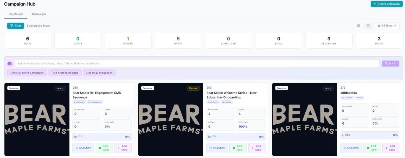 The Campaign Center Dashboard card view.